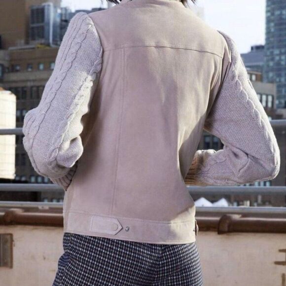 ecru Academia Suede Sweater Knit Jean Jacket Chamois Leather Wool Luxury - Picture 4 of 9